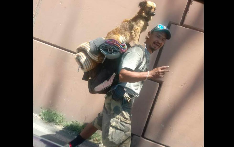 Causa sensación hombre pidiendo dinero con su perro en hombros