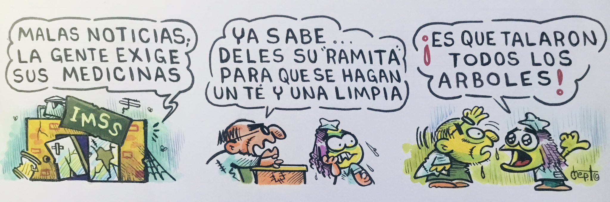 caricatura, insabi, imss, medicinas, tala de árboles